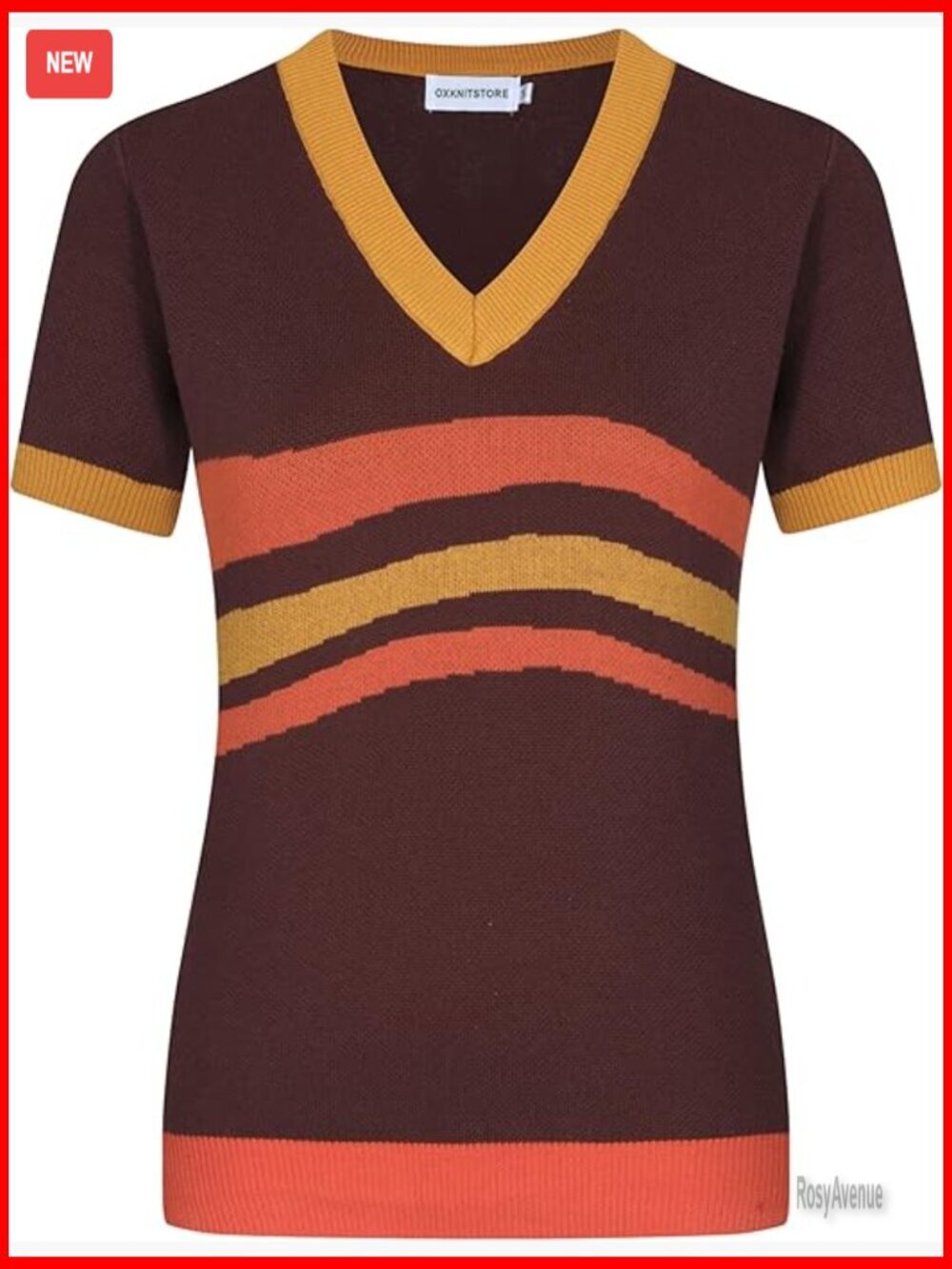 Vintage 1960s Retro Knit Cotton T-Shirt Short Sleeve V-Neck Casual Top